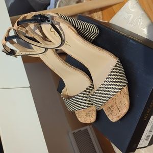 Lulu's Lexy Black Woven Cork Ankle Strap Square-Toe High Heel Sandals size 8.5